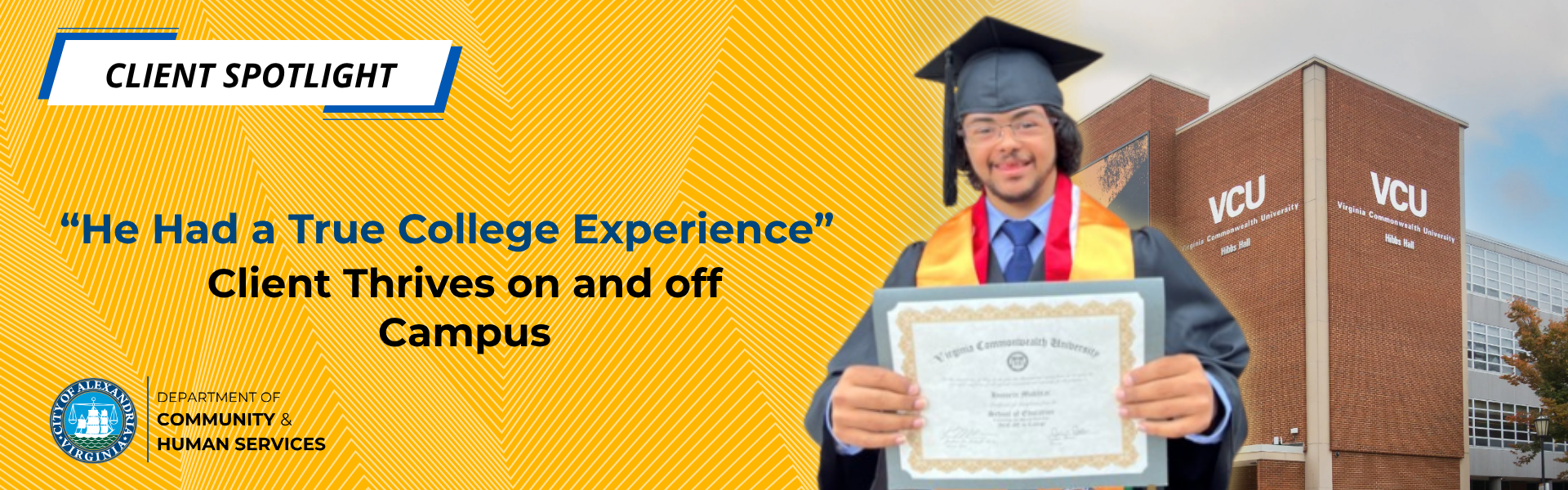 DCHS client Hussein holding a framed diploma certificate from Virginia Commonwealth University