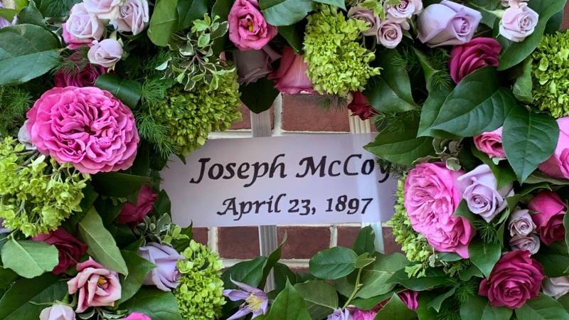 A wreath placed in memoriam in 2021, to Joseph McCoy who was lynched on April 23, 1897