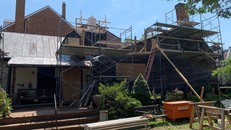 Murray Dick Fawcett roof replacement with scaffolding in place, August 2021