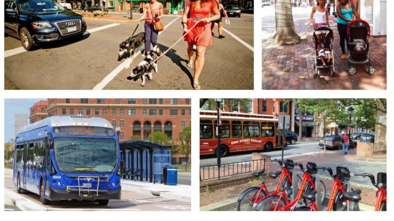 A photo of the Complete Streets Design Guidelines booklet; five photos, one of a road, one of an adult and child crossing the street, one of two adults pushing strollers on a sidewalk, one of a DASH bus, and one of a bikeshare corrall