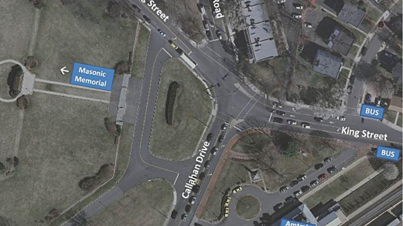 Aerial view of the project area, the intersection of King Street, Callahan Drive, and Russell Road