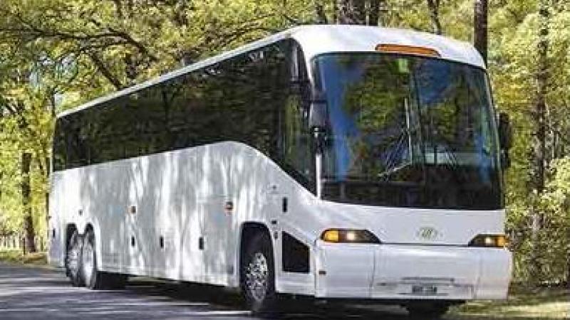 Photo of a white motorcoach bus driving down a tree-lined street