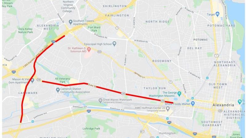 Map of the corridors involved in the phase 1 adaptive program (Duke Street from Whole foods to 236, segment of Van Dorn St between Eisenhower and 395 