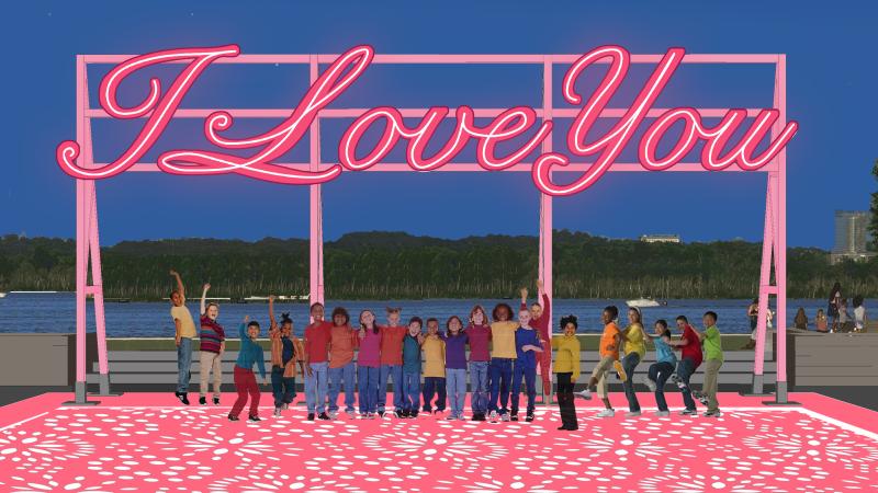 An artists' rendering with I love you written in neon script with a crowd of people below and the Potomac River in the background