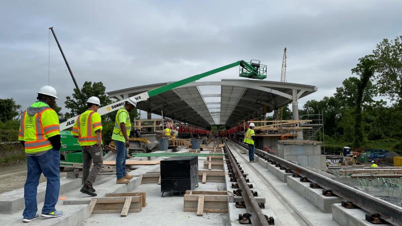 Photo of staff at the Potomac Yard Metrorail station during constructoin