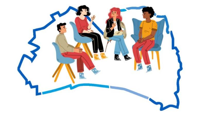 graphic of people sitting within the city map outline