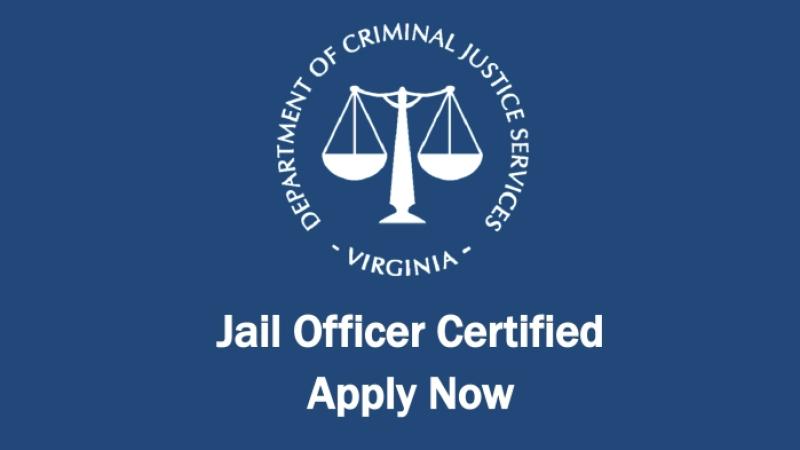 Blue background and white lettering reading Jail Officer Certified Apply Now with logo of scales for the Department of Criminal Justice Services