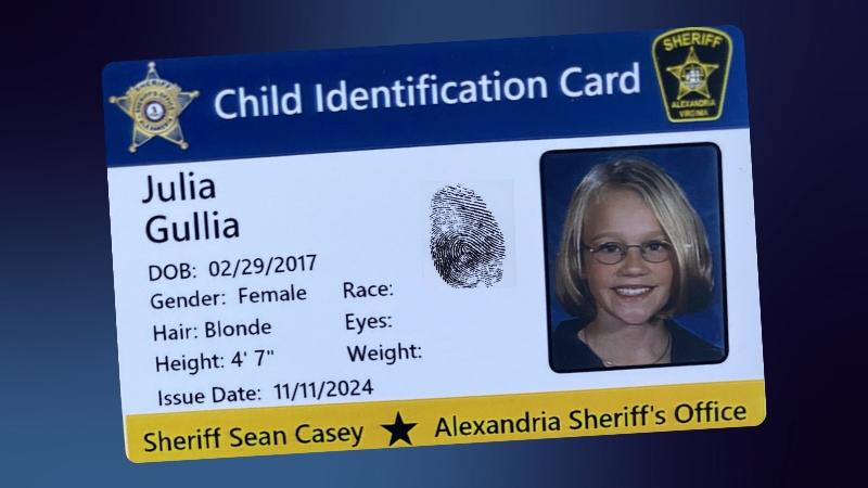 A sample photo identification card with personal information, a fingerprint and a child's face
