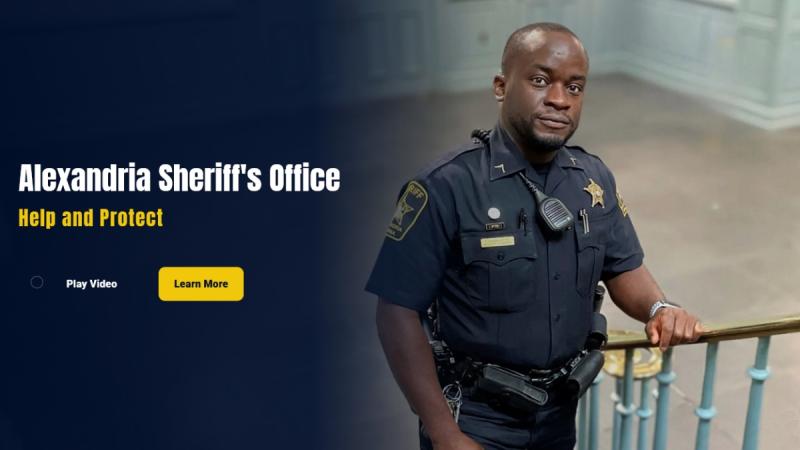 Screen view of recruiting website with deputy in blue uniform standing on stairs in the courthouse 