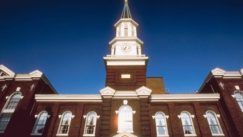 Roofline of City Hall along Royal Street.