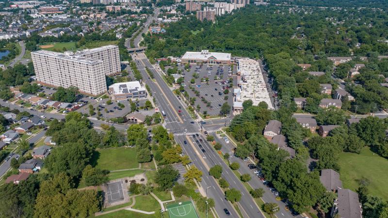 Drone aerial looking west to Landmark Mall