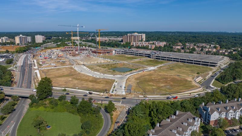 Drone footage of streets built around the former Landmark Mall