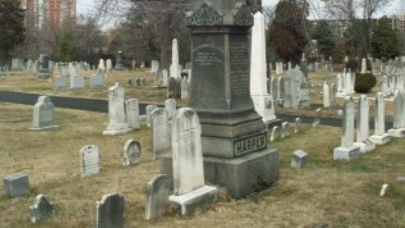 Image depicts grassy cemetery with a variety of tombstones in frame. Some are white and others darkened with age. 