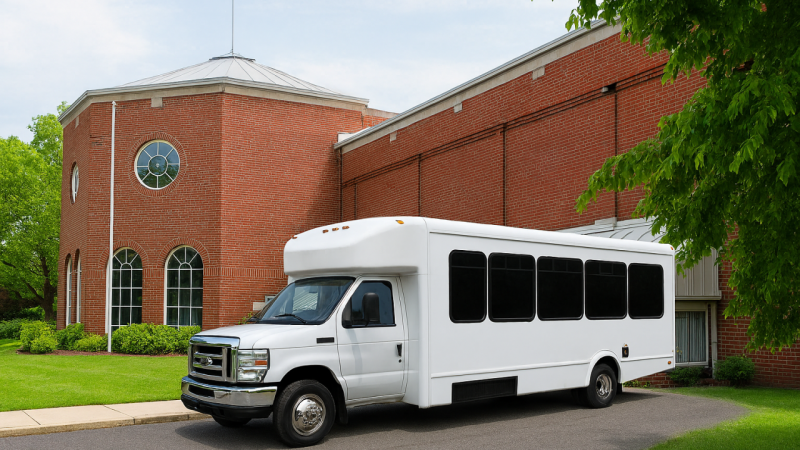 A white cutaway bus parked in front of Nannie Lee Rec Center