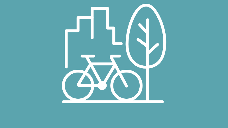 teal box with a city and bicycle icon