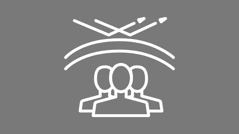 Icon of three people under an arch deflecting projectiles overhead, evoking a shield