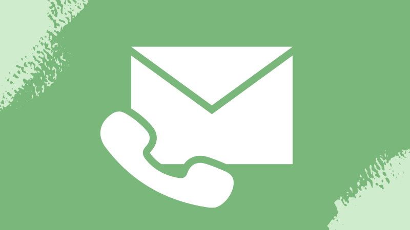 White icon of an envelope with a telephone on the lower left corner overlapping it on a background of solid green with paintbrush-style marks on the top left and bottom right corners in lighter green