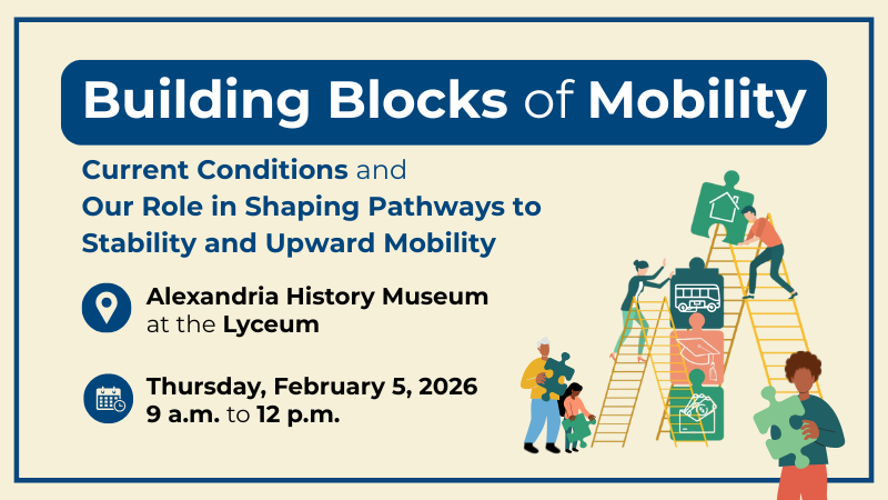 The provided image highlights a community event in Alexandria focused on an upcoming workshop regarding upward mobility.