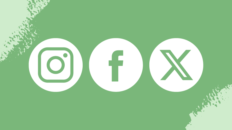 Icons of Instagram, Facebook, and X in white laid on top of shades of green background