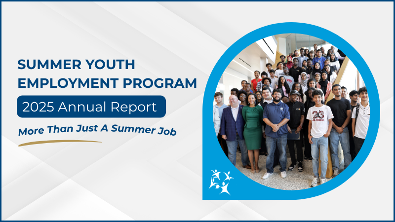 A graphic for the "Summer Youth Employment Program 2025 Annual Report" features the tagline "More Than Just A Summer Job". The right side of the image contains a circular inset photo showing a large, diverse group of young people and professionals posing together in a modern building.