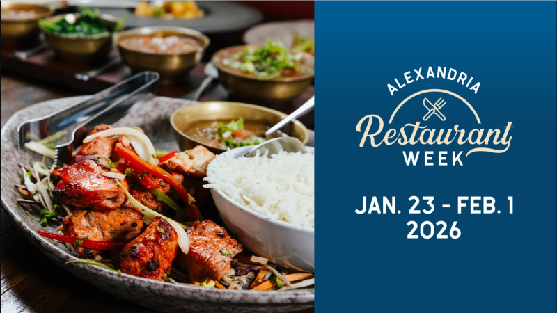 plate of food with alexandria restaurant week jan 23-feb 1. 2026 to the right