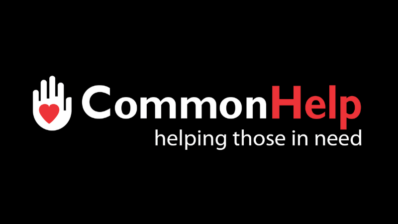 White hand with red heart in palm. To the right there is text that reads, "CommonHelp helping those in need". 