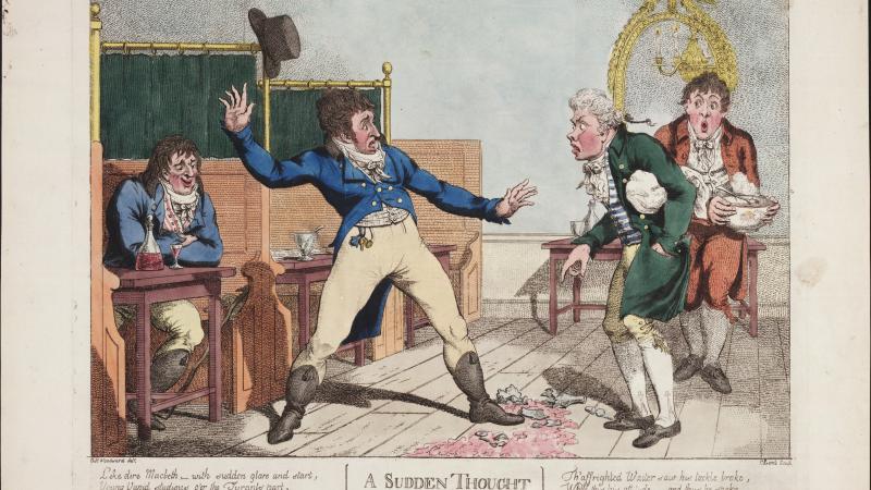This historic print shows coffeehouse booths--wooden tables and benches with backs, plus a green curtain that hangs above the seating to further separate the booths for privacy.