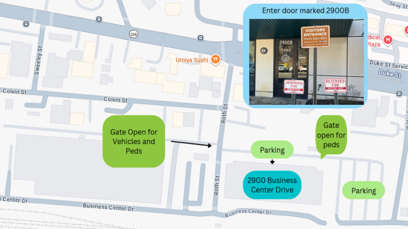 A map displaying an overhead view of 2900 Business Center Dr. The map labels the gate open for vehicles and pedestrians off Roth St, parking open in front of the building and at Witter Field to the right, and the second open gate at Witter Field.