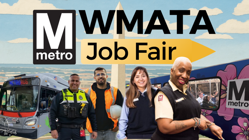 Banner for a WMATA (Washington Metropolitan Area Transit Authority) Job Fair. The image features the Metro logo, a cityscape with the Washington Monument in the background, a Metrobus, and a train. In the foreground are diverse transit employees including a police officer, maintenance worker, administrative staff, and a bus operator smiling. A yellow arrow highlights the words “Job Fair.”
