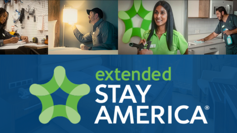A collage of four images showing people in various work environments, including someone at a desk with tools, a person checking a lamp, a person with a green logo, and someone cleaning a kitchen counter.A green star-like logo composed of five overlapping petal shapes, with the word "extended" in green text to the right of the logo.