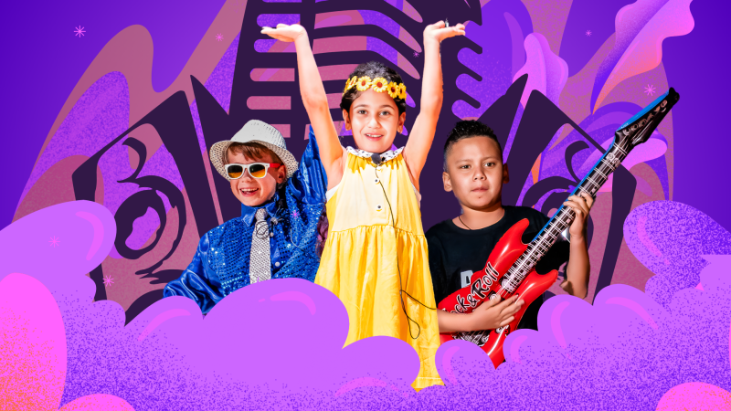Three kids dressed in performing clothes blue, yellow, and black with purple and pink graphic clouds surrounding them