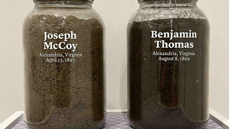 Glass jars filled with soil are labeled “Joseph McCoy/Alexandria, Virginia/April 23, 1897”, and “Benjamin Thomas/Alexandria, Virginia/August 8, 1899.”