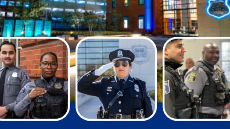 Banner image featuring three Alexandria police officers in uniform. Left photo shows two officers standing together outdoors, center photo shows an officer saluting in dress uniform and sunglasses, and right photo shows two officers indoors smiling and talking. Background includes a modern building at night with blue lighting and an Alexandria Police-style shield emblem.