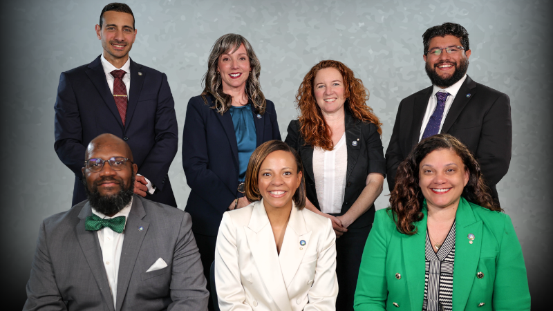 Group photo of Alexandria City Council. Pictured top row from left are Councilman Abdel-Rahman Elnoubi, Councilwoman Jacinta Greene, Councilwoman Sandy Marks, and Councilman Canek Aguirre. Pictured bottom row from left are Councilman John Chapman, Mayor Alyia Gaskins, and Vice Mayor Sarah Bagley.