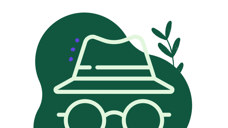 line drawing of a detective with an organic green shape and leaf shape