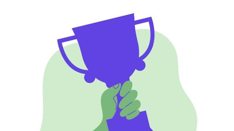 Green hand holding a purple trophy graphic with an organic light green shape in the background