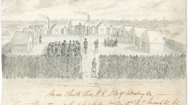 The pencil sketch shows soldiers playing in a field in front of tents, within a fence.