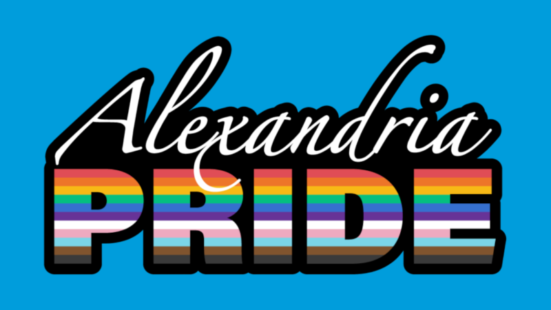 Text logo reading "Alexandria PRIDE" on a solid blue background. "Alexandria" is written in white cursive script. "PRIDE" is written in large block letters filled with horizontal rainbow and pride flag stripes.