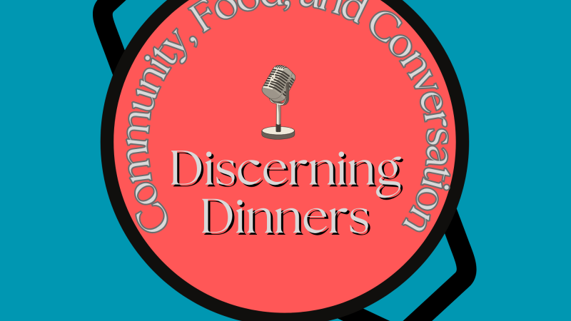 Graphic of pan with words Discerning Dinners, Community, Food, and Conversation