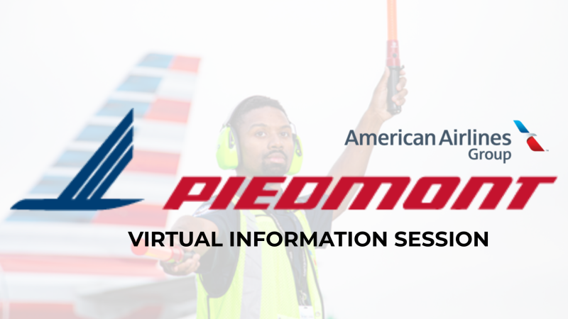 A Piedmont Airlines virtual information session announcement featuring a ground crew worker and an American Airlines airplane tail in the background.