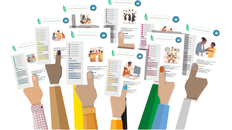 hands holding up report cards