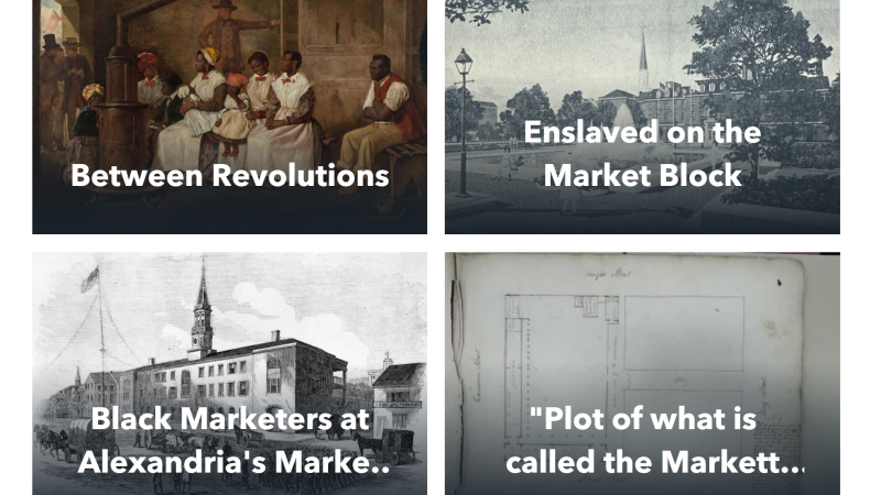 Image of four cards introducing the City Hall/Market Square StoryMap. 