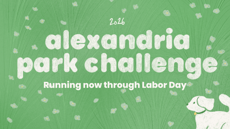 words alexandria park challenge with a green background and a white dog on the corner