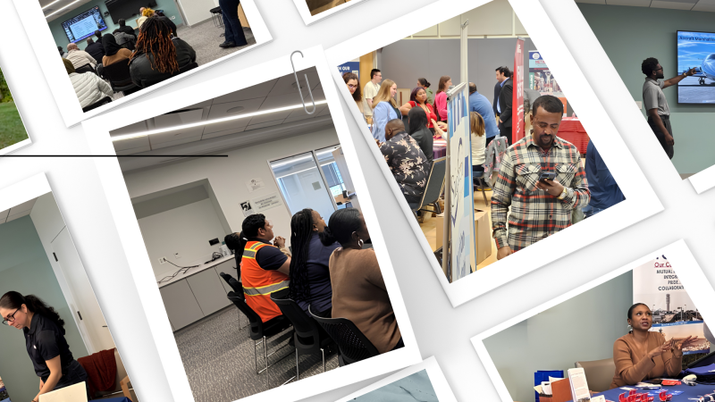 A collection of images depicting various employers and job seekers engaged in hiring events, employer panels, and networking events within an office setting.