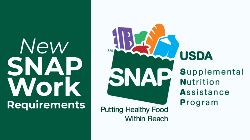 Graphic about new SNAP work requirements, featuring the SNAP logo with groceries and USDA Supplemental Nutrition Assistance Program text.