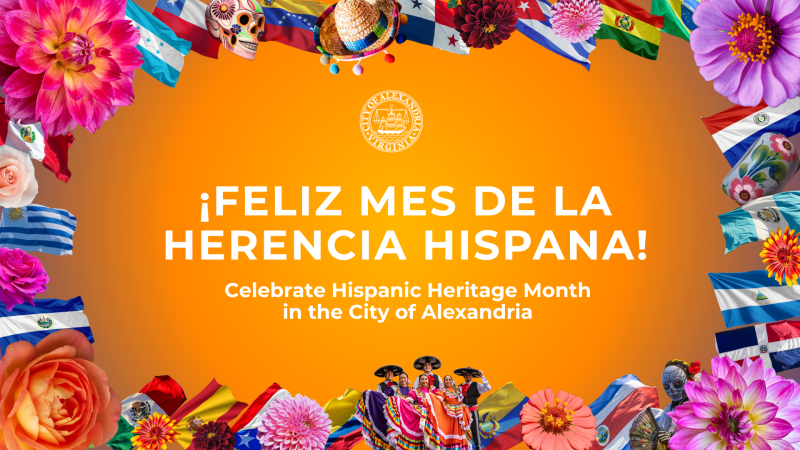 A colorful banner with flags of Hispanic countries and text celebrating Hispanic Heritage Month