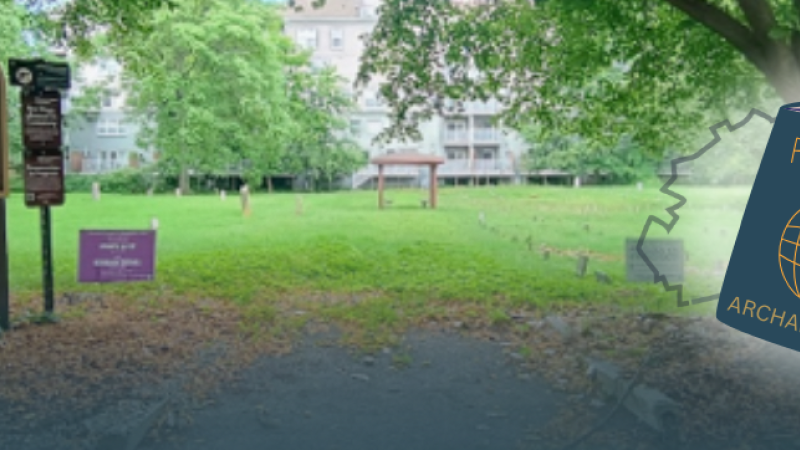 Douglass Cemetery's central path is shown with a sign to the left and a large tree in the background. A "Passport Archaeology" icon overlays the image.