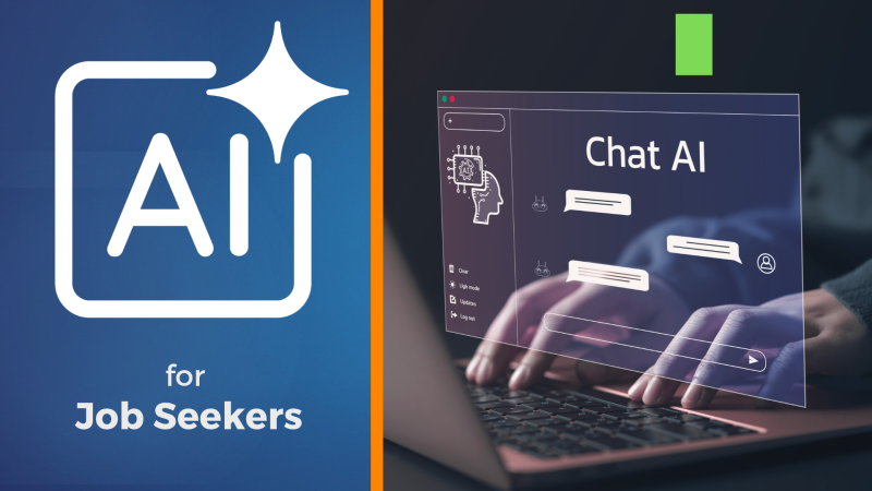 Illustration promoting AI for job seekers: a glowing AI icon beside hands typing on a laptop with a “Chat AI” interface, in blue and orange tones.