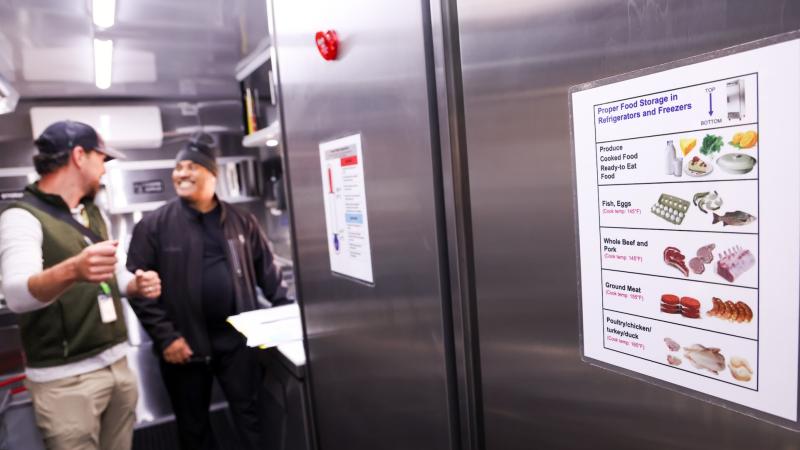 scene of a kitchen with health inspector and restaurant operator talking