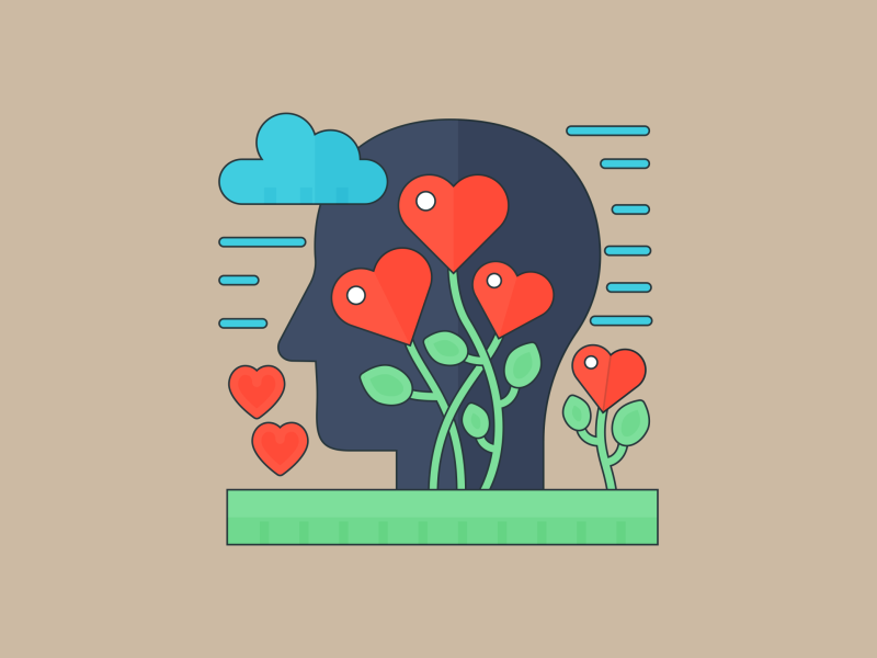 Illustration of person's head surrounded by love and nature